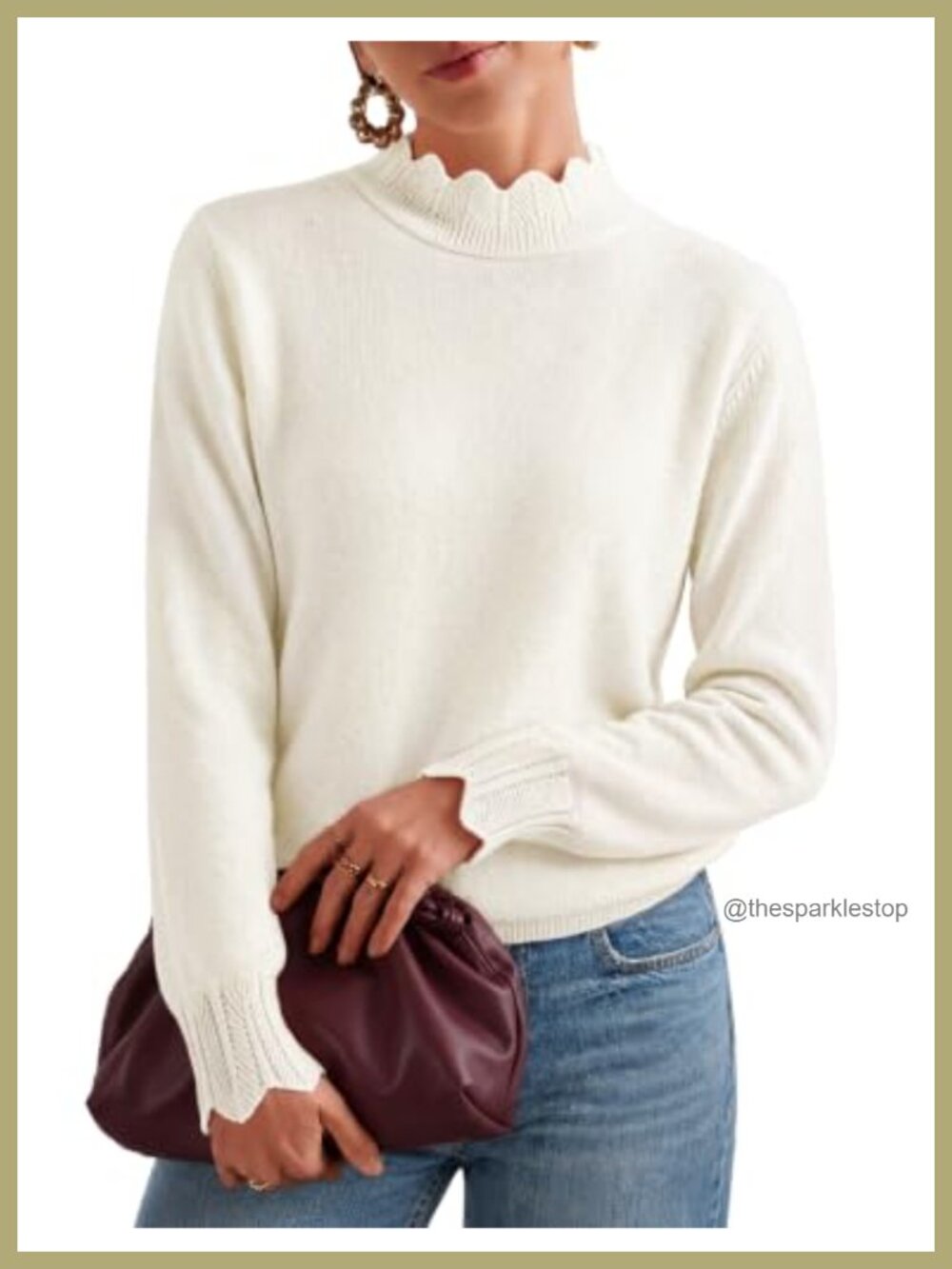 ZESICA Scalloped Mock Neck Puff Sleeve Pullover Sweater